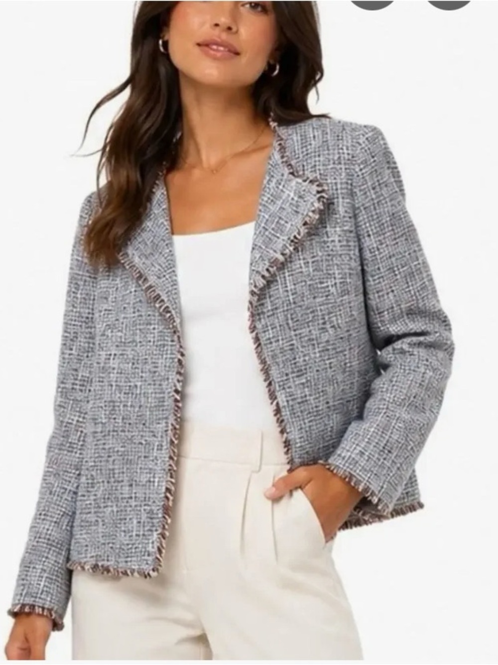 Banana Republic Light Gray Tweed Fringe Open Blazer NWT - SZ 2